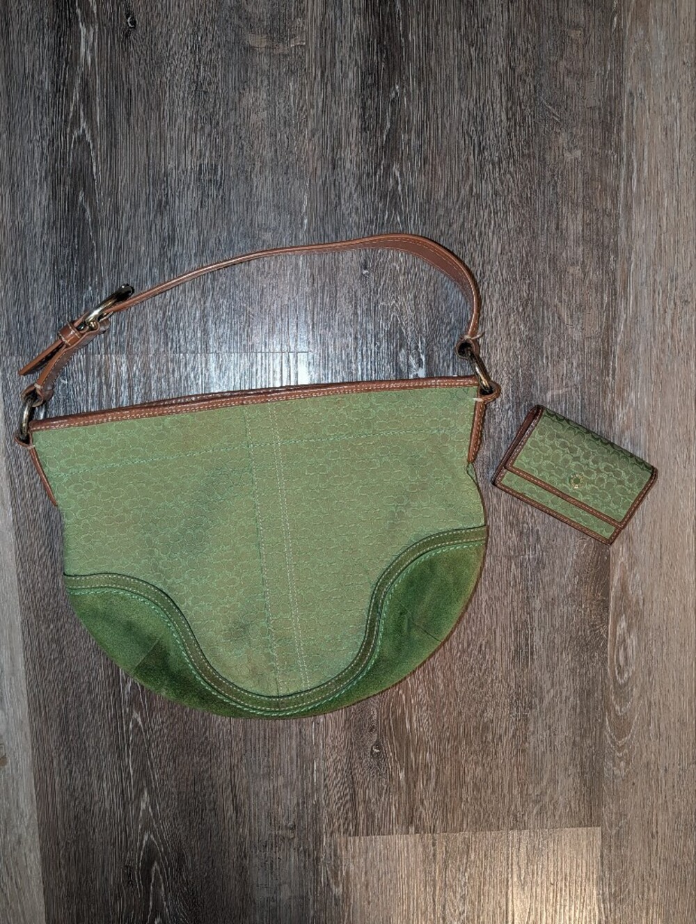 Coach Green Signature Jacquard Suede Ergo Hobo Shoulder Bag F10923 W/ Wallet!